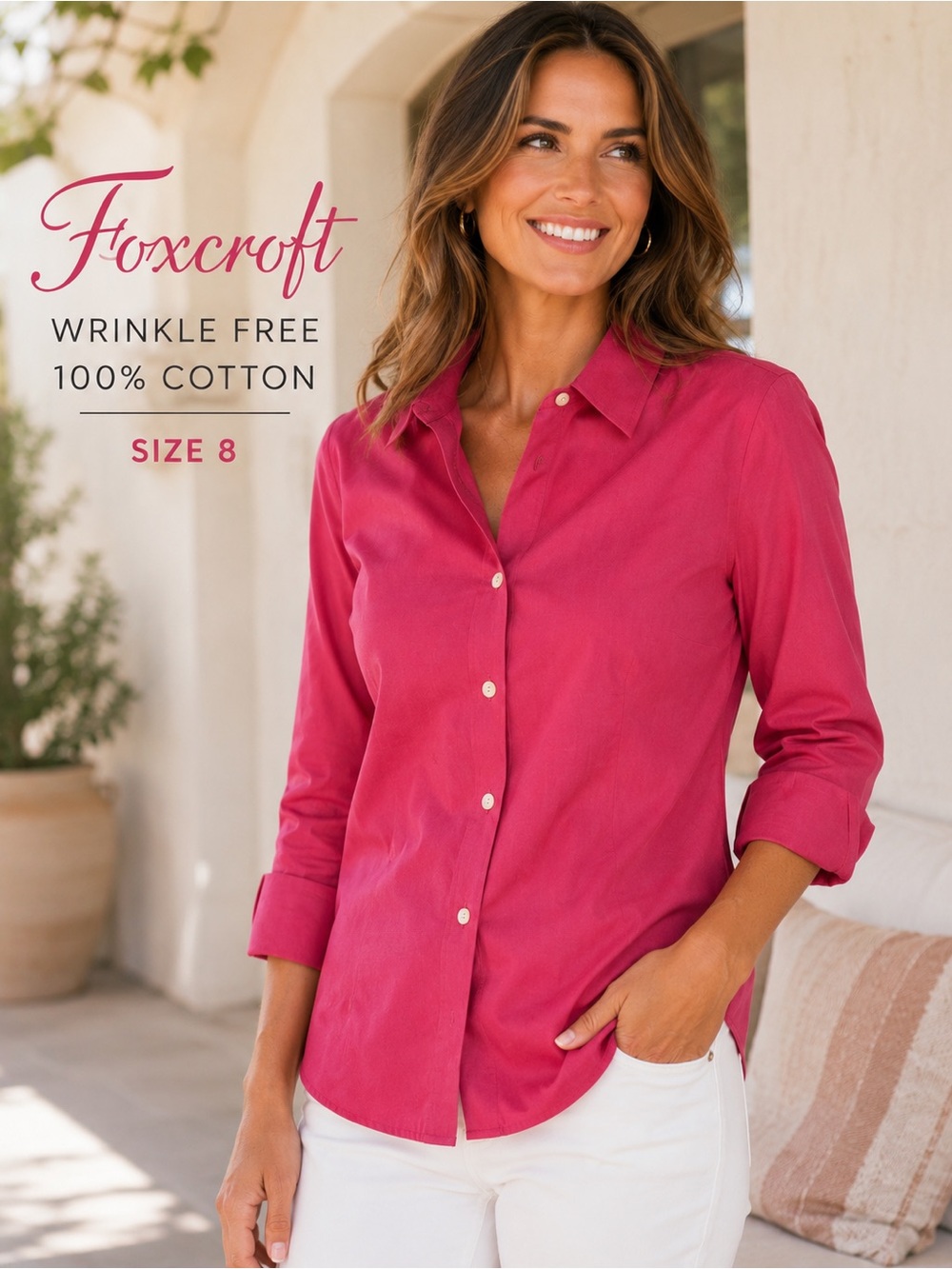 Foxcroft Wrinkle Free Pink Button Shirt 100% Cotton Size 8